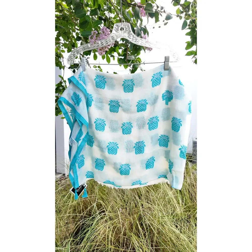 Echo New York Pineapple Print Cotton Scarf Wrap NWT Blue White